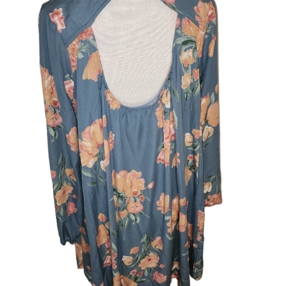Peach Love California Dress Tunic Blue Floral Long Sleeve Large Boho Work Casual - Picture 3 of 7